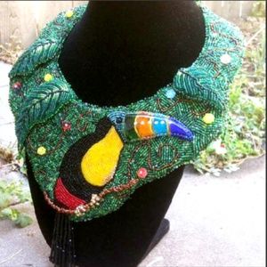TOUCAN JUNGLE Beaded Art Necklace Art To Wear OOAK